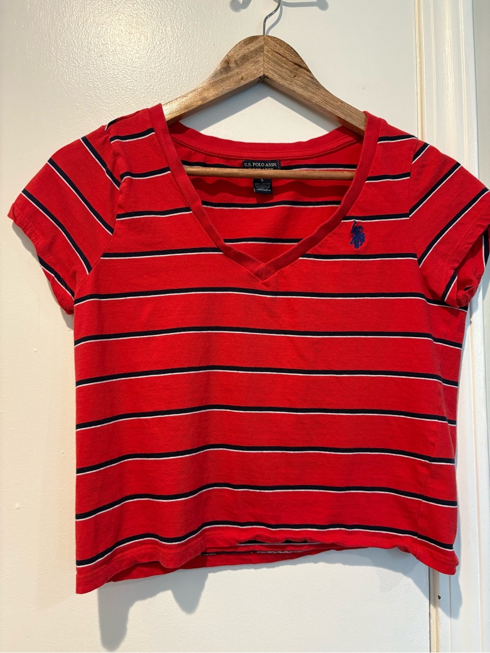 Americana Preppy U.S. Polo Red, Navy & White Striped V-Neck Cotton Crop Tee